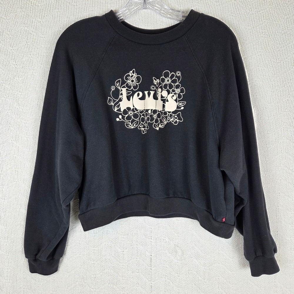 Levis Womens Black Floral Graphic Cropped Raglan Sweatshirt Large 18722-0052